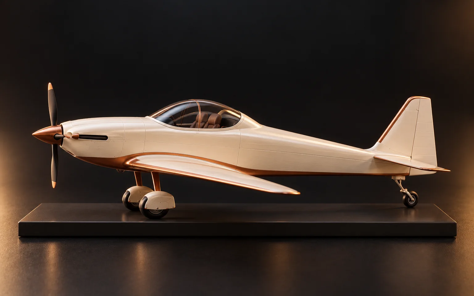 AI-assisted ivory and copper RV-9 tailwheel miniature concept on a flat display base